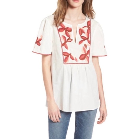 Madewell Fable Embroidered Oversized Top Blouse Floral Boho Casual Red/Wh Size S - Picture 1 of 8